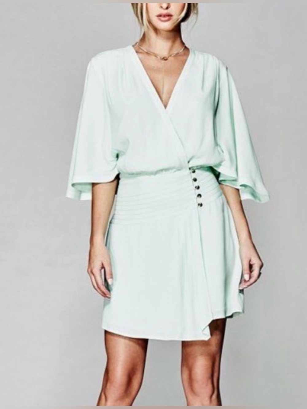 Marciano by Guess Aqua/Mint V-Neck Dolman Flutter Sleeve Wrap Style Mini Dress S